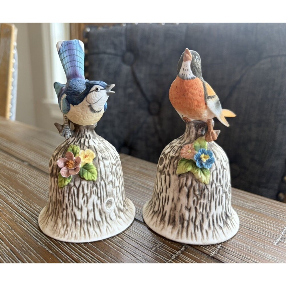 Vintage Towle Fine Bone China Bird Bells Chirping Blue Jay and Robin Set of 2
